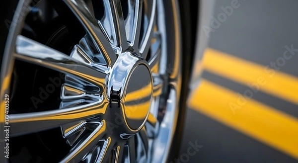 Obraz Sleek chrome car wheel detail against road with yellow lines background