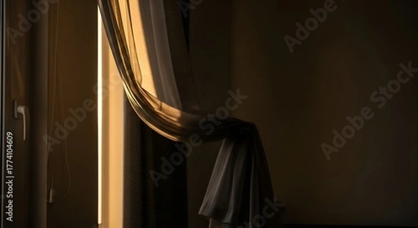 Fototapeta Golden sunlight streams through a sheer curtain near a window, illuminating the room
