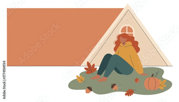 Fototapeta Fall leisure Woman relaxing outside Aframe house with pumpkin and leaves Copy space