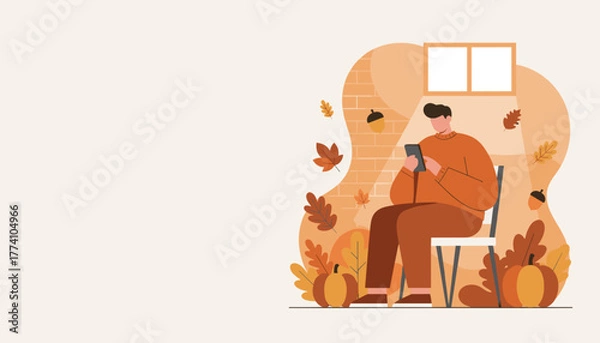 Fototapeta Cozy man in autumn scene using smartphonetablet surrounded by fall leaves and pumpkins