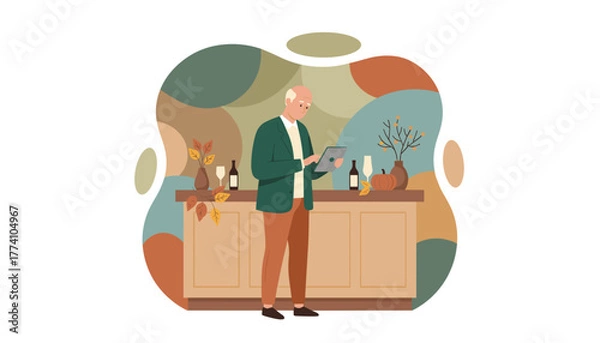 Fototapeta Elderly man uses a digital tablet near an autumndecorated bar counter leisure planning concept