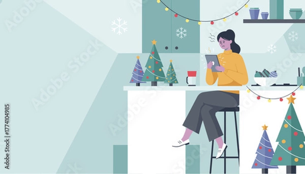 Fototapeta Holiday tech troubles Frustrated woman struggling with a digital tablet in a festive kitchen