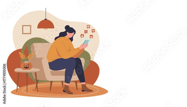 Obraz Autumn leisure Woman checking social media notifications on phone in a cozy decorated room