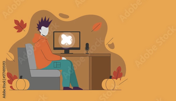 Fototapeta Remote work or study during autumn Flat vector illustration of a person creating content at a desk