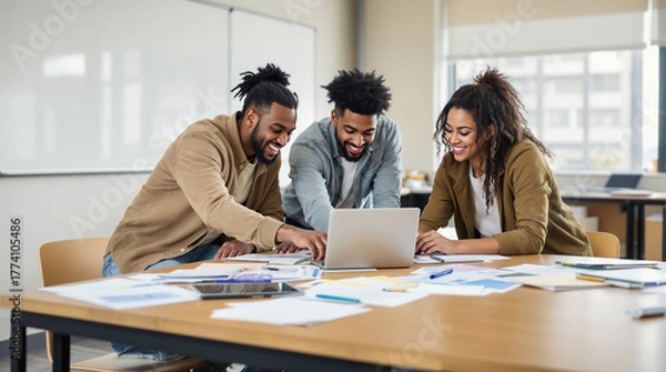 Obraz Joyful diverse team smiling and collaborating on a project with a laptop in a bright modern office