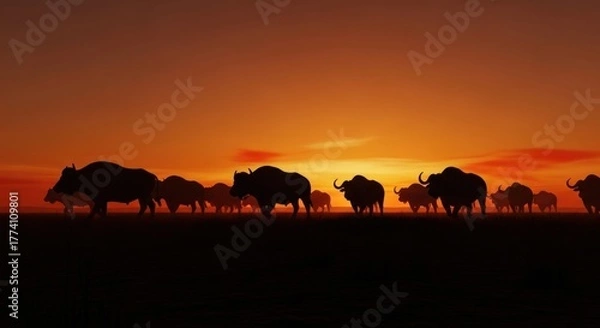 Fototapeta Silhouetted herd of buffalo traversing a field at sunset, bathed in orange and red hues