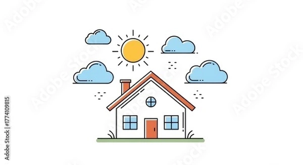 Fototapeta Simple cartoon illustration of a house with a sun, clouds and green grass, on white background