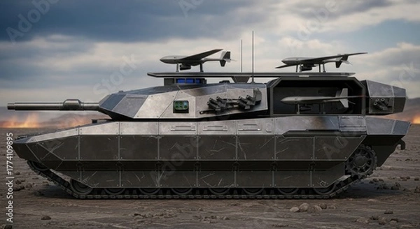 Fototapeta Sleek, dark tank with drones on top in a desert setting under cloudy skies