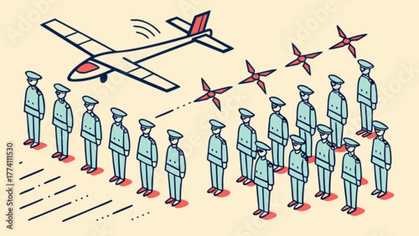 Obraz Drone surveillance over uniformed personnel, data monitoring and control concept illustration