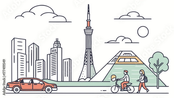 Obraz Modern City Life Line Art: Urban Landscape with Skyscrapers, Landmarks, Car, Scooter, Pedestrians, and Masked People