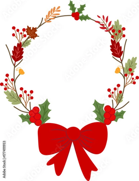 Obraz christmas wreath with holly berries and ribbon