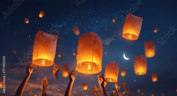 Fototapeta A captivating scene of people releasing glowing lanterns into a starry night sky during a Chinese lantern festival, radiating warmth and hope against a backdrop of a crescent moon.