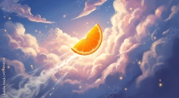 Obraz Vivid Orange Slice Flying Through Colorful Cloudy Sky with Sparkles and Light Rays