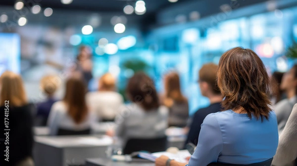 Fototapeta Background image of business seminar in bright conference room professional gathering corporate meeting educational event training session modern venue with copy space