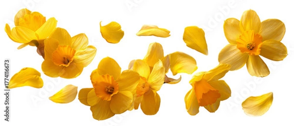 Fototapeta A vibrant display of yellow daffodils gracefully scattered with petals, set against a clean background, symbolizing spring's arrival and beauty in floral arrangements