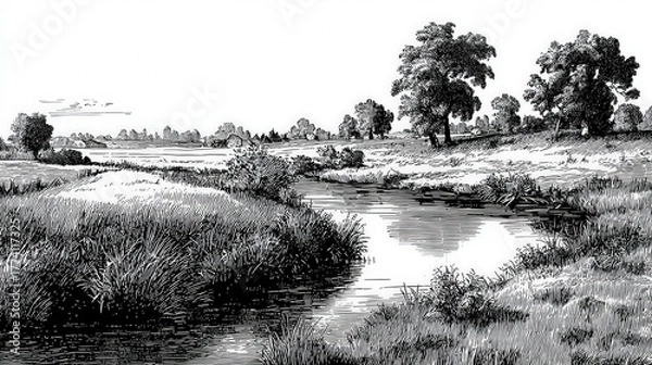 Fototapeta A tranquil rural scene with a winding river snaking through a lush meadow.  Hand-drawn in vintage black ink, this illustration evokes a sense of peace and natural beauty.