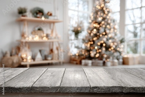 Fototapeta An empty wooden tabletop set against a softly blurred living room, beautifully decorated for Christmas, creating a warm and inviting holiday atmosphere perfect for showcasing seasonal joy.