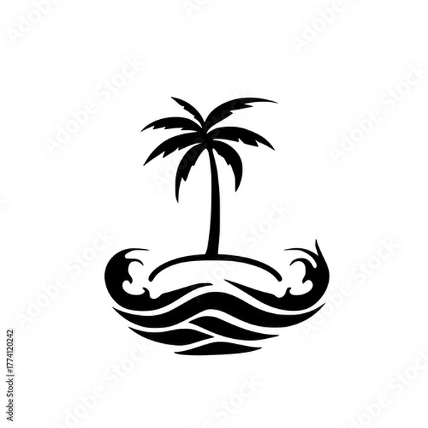 Fototapeta Tropical island palm tree with stylized ocean waves design