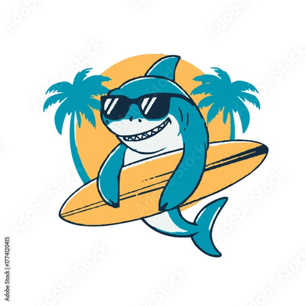 Fototapeta Cool shark with sunglasses surfs on surfboard under palm trees