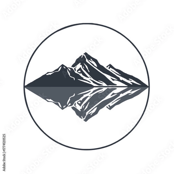 Fototapeta Majestic mountain peaks reflected in calm water within a circular frame