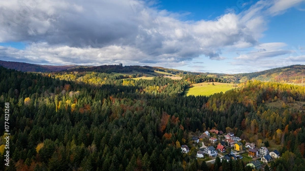 Obraz erial view of Krynica-Zdrój, Poland – autumn mountain town surrounded by forests