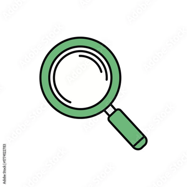 Fototapeta Green magnifying glass examines details on white surface, symbolizing search and discovery with a clean, modern aesthetic.