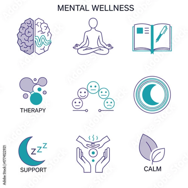 Fototapeta Mental wellness symbols representing therapy, support, and calm in a clean, minimalist layout promoting positive mental health.