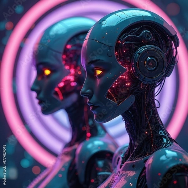Fototapeta Two futuristic female cyborgs with glowing orange eyes stand in neon light digital space. Tech faces, bodies reveal intricate circuits, wiring. Shows AI, future tech, innovation, machine learning