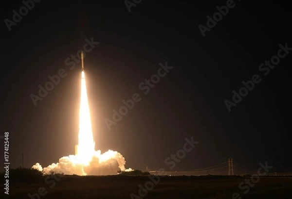 Fototapeta Dramatic nighttime launch of ballistic missile, fiery trail against dark sky,  force,  war