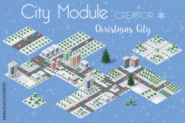 Fototapeta A set of winter Christmas urban quarter modules for the construction of a large isometric metropolis city