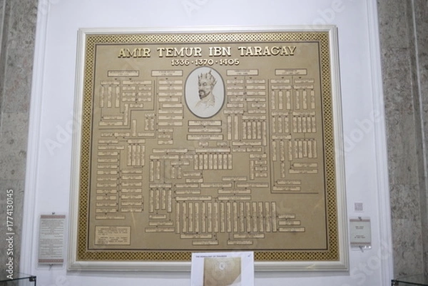 Fototapeta ウズベキスタンの首都タシケントにあるティムール広場の銅像と博物館、及びコーラン博物館と近辺のイスラム建築。