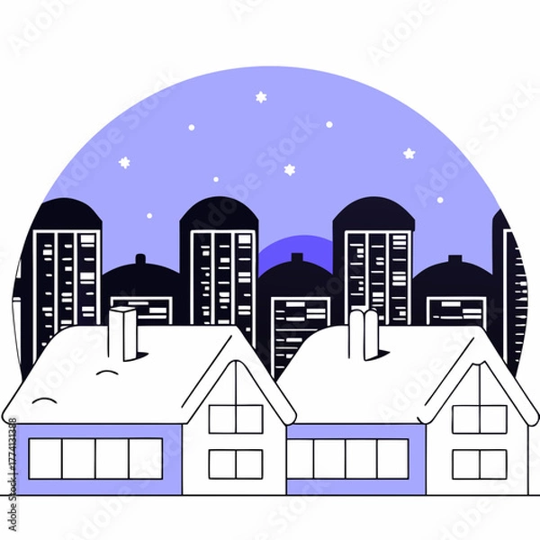 Obraz A serene winter cityscape features snowcovered houses against a backdrop of towering buildings under a starry sky, evoking a sense of peace and tranquility