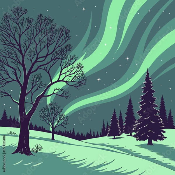 Obraz A serene winter landscape unfolds with a majestic bare tree standing tall on a snowcovered hill, illuminated by the mesmerizing dance of the aurora borealis in the night sky above a pine forest