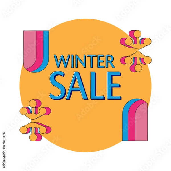 Obraz A vibrant winter sale advertisement featuring a retro design with bold typography and playful snowflake accents, set against a clean, , perfect for seasonal promotions