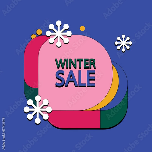 Fototapeta A vibrant winter sale advertisement featuring a retroinspired design with geometric shapes, snowflakes, and bold typography, promoting seasonal discounts and special offers for shoppers