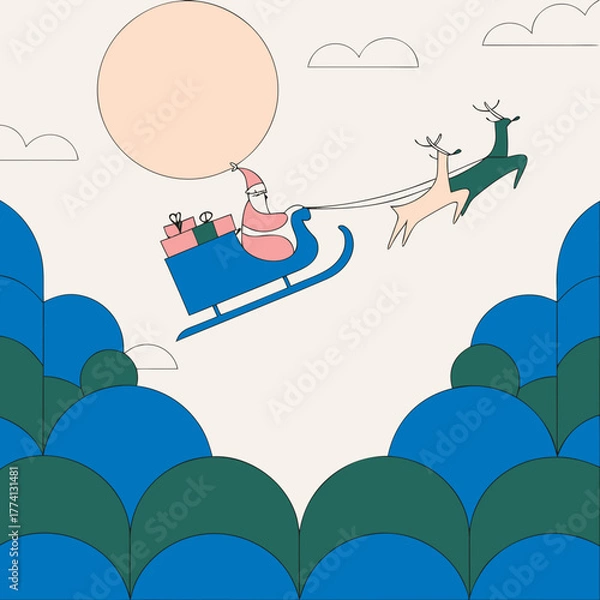 Obraz A whimsical christmas scene unfolds with santa in his blue sleigh, pulled by two reindeer against a cream backdrop, featuring stylized trees and a large, round moon, evoking a sense of holiday cheer