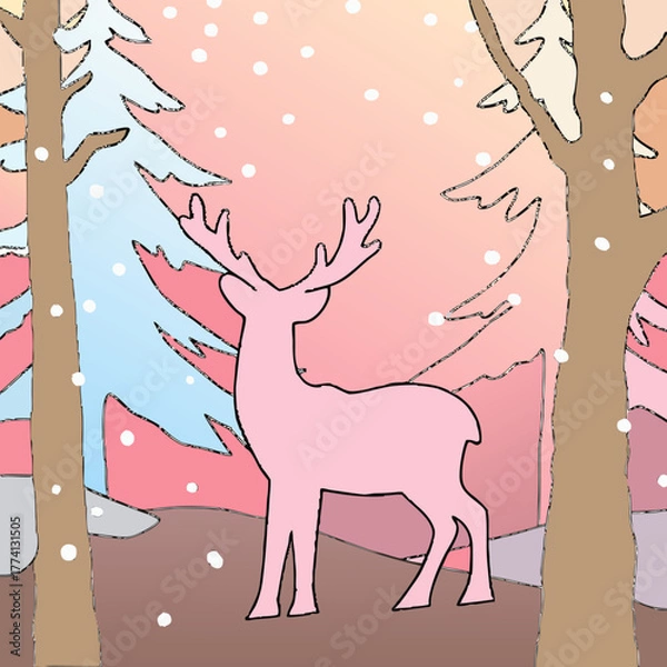 Fototapeta A whimsical winter landscape presents a pink deer standing amidst snowdusted trees under a pastel sky with falling snowflakes, creating a charming and magical seasonal illustration