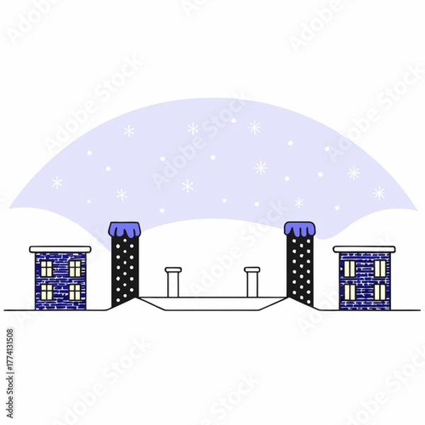 Obraz A whimsical winter scene unfolds with snow falling gently over a quaint bridge flanked by charming buildings, creating a serene and picturesque