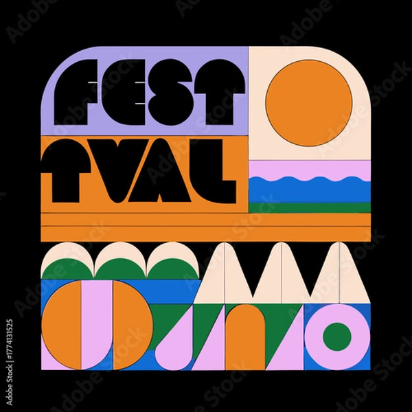 Obraz Creative festivalthemed design with geometric shapes forming landscapes, text, and abstract elements, creating a visually engaging and modern composition on a black backdrop