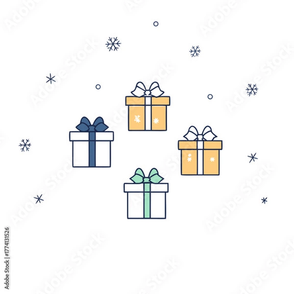 Obraz Charming gift boxes with ribbons and snowflakes, creating a festive and delightful scene for holiday celebrations and winterthemed designs