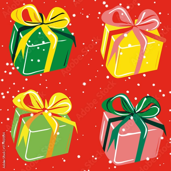 Obraz Festive christmas presents arranged in a square pattern on a red background, featuring colorful gift boxes with ribbons and bows, creating a cheerful and celebratory holiday theme