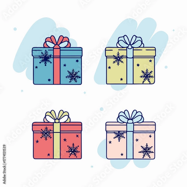 Obraz Festive christmas presents arranged in a square pattern on a, showcasing pastel gift boxes with ribbons and snowflakes, evoking a cheerful and celebratory holiday theme