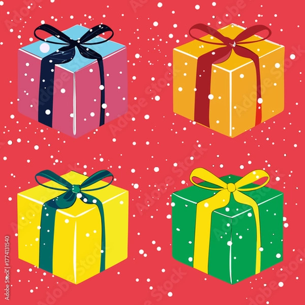Obraz Festive christmas presents arranged in a square pattern on a red background, showcasing colorful gift boxes with ribbons and bows, evoking a cheerful and celebratory holiday theme