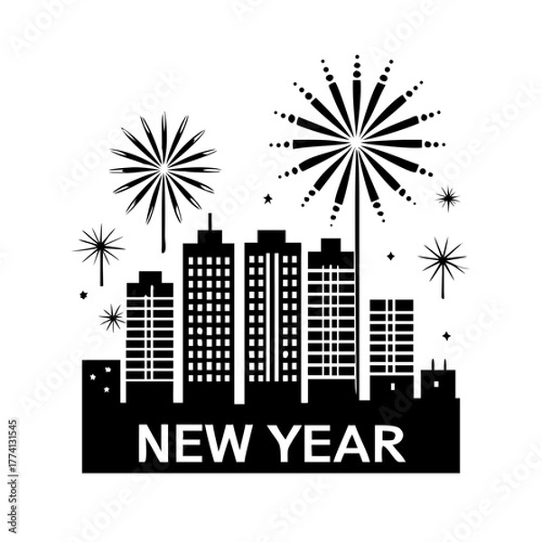 Fototapeta Festive new year cityscape a silhouette of buildings and fireworks, , representing celebration and the excitement of the new year