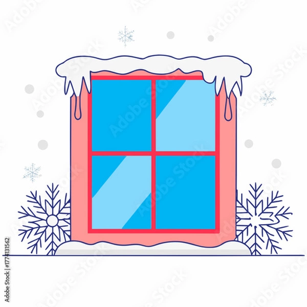 Obraz Illustration of a window frame with snow and snowflakes, , creating a wintery scene with a pink frame and blue glass panes, evoking a sense of cold and festive atmosphere