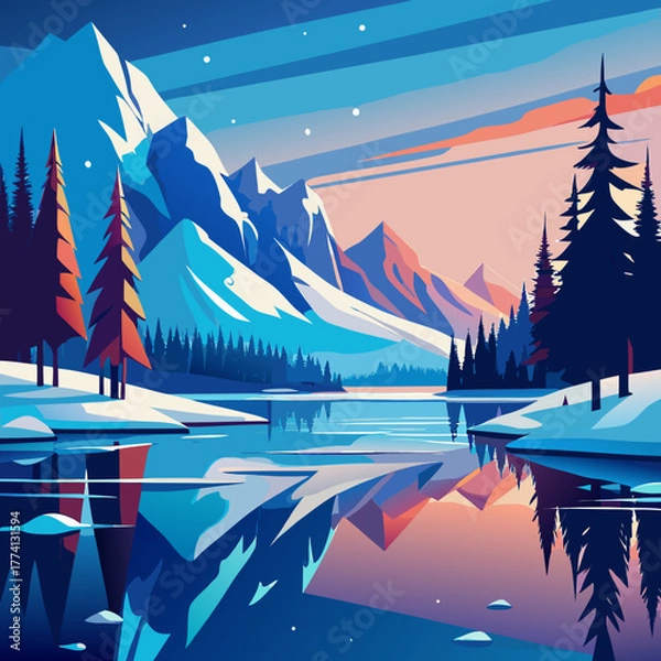 Obraz Tranquil winter scene with snowcapped mountains reflected in a calm lake, framed by pine trees and a colorful sky, creating a peaceful and serene atmosphere in a minimalist style