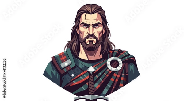 Obraz Stern Scottish Warrior with Plaid Shawl and Sword Hilt Detail