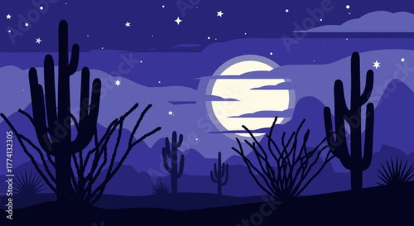 Fototapeta Silhouette of Saguaro Cacti under a Full Moon and Starry Sky