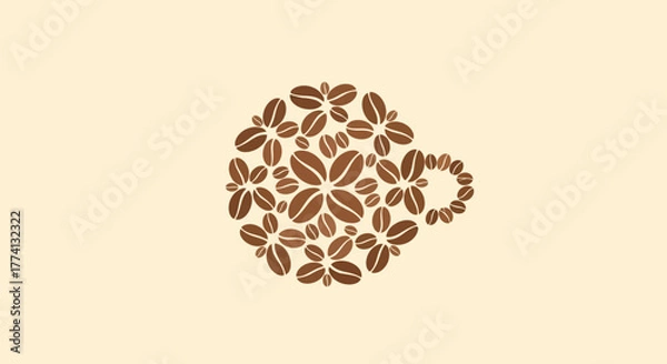 Fototapeta A brown coffee cup silhouette made from creatively arranged coffee beans in a floral pattern.