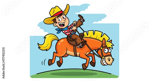 Obraz Cheerful Cartoon Cowboy Riding a Playful Orange Horse with Yellow Mane